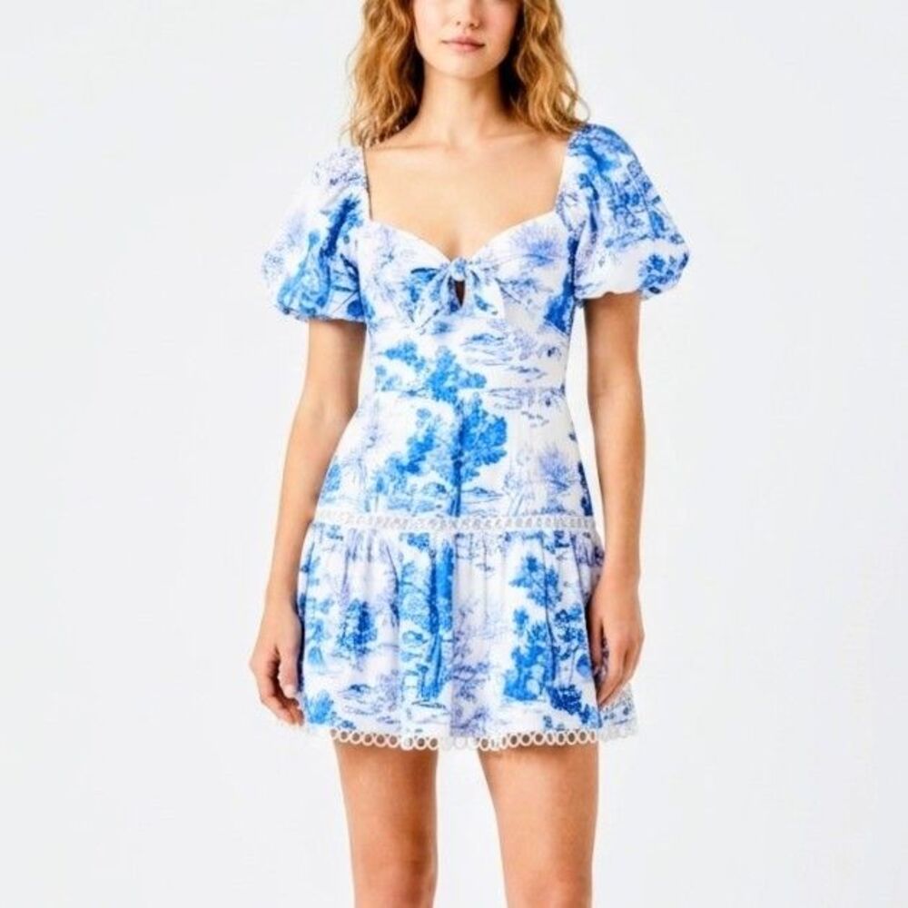 blue and white toile dress women Aqua | Dresses | Aqua Puff Sleeve Bluewhite Pattern Lace Trim Large beyonce wore #DolceGabbana ahead black wedding separate Size:L Tall Size range XS